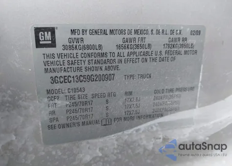 2009 Chevrolet Silverado 1500 Work Truck from USA, damaged, VIN 3GCEC13C59G200907